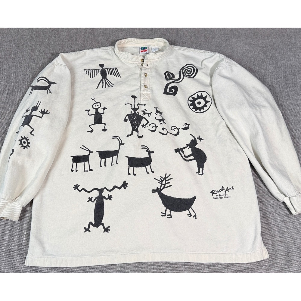 Vintage WEK Rock Art by Bravo Henley Sweatshirt Cream Southwest Petroglyph L/XL